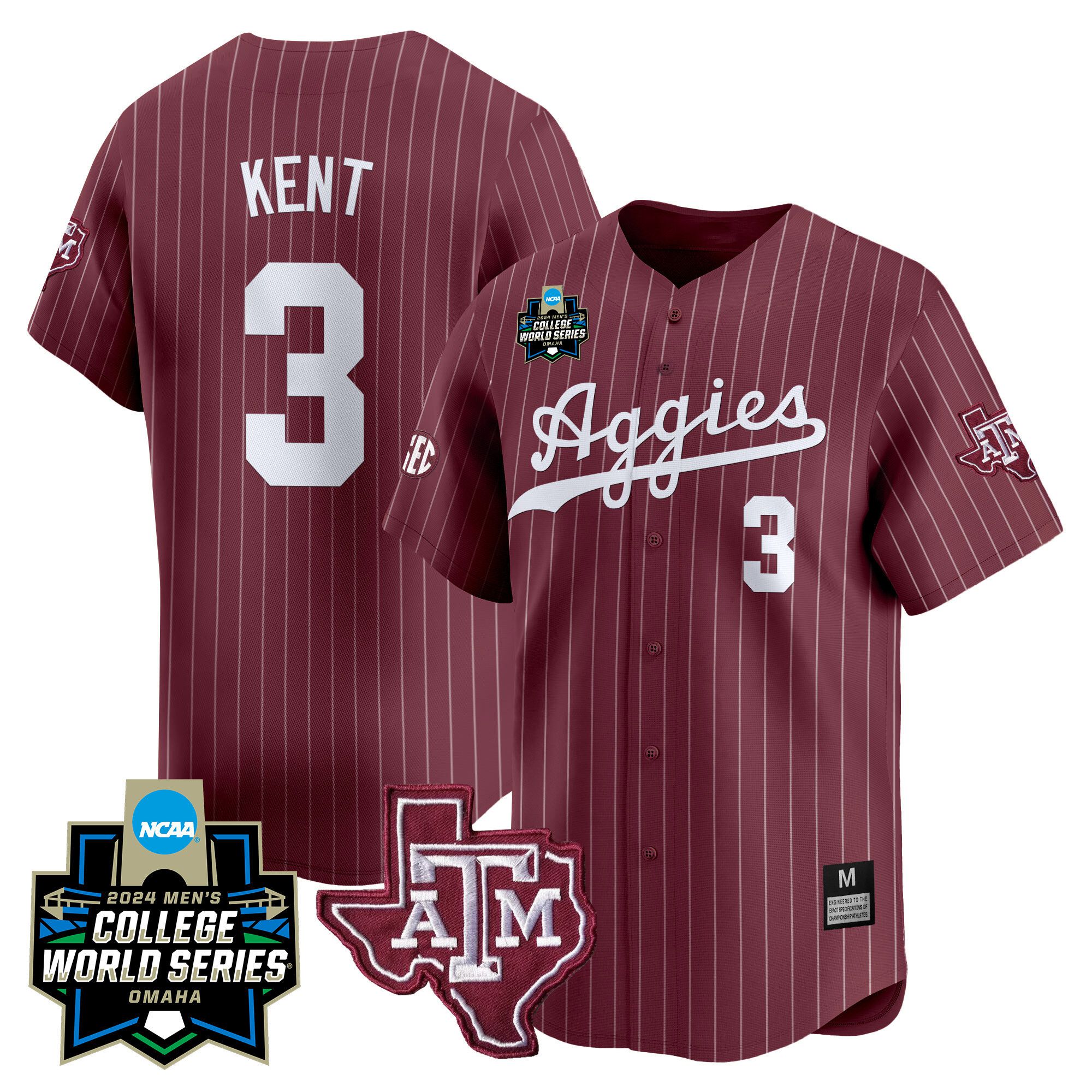 Men Texas A&M Aggies 3 Kent Red Stripe 2024 College World Series Vapor Premier Limited NCAA Jersey